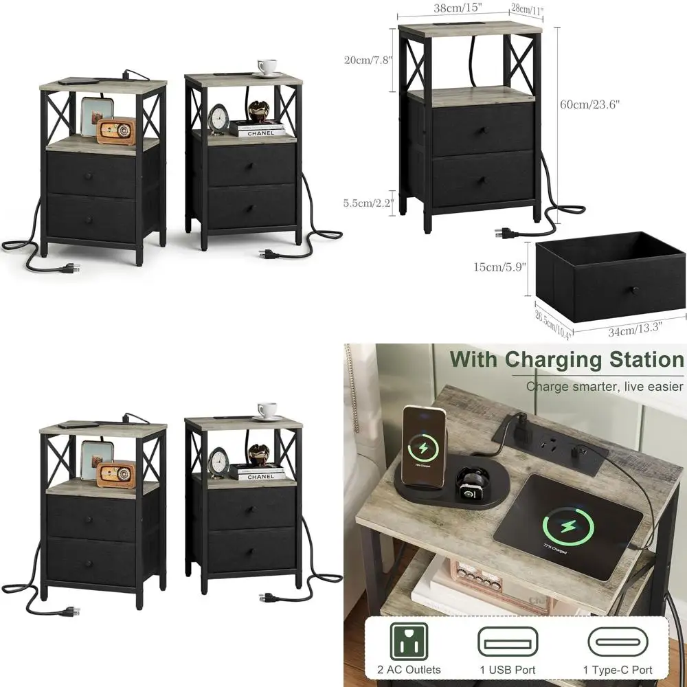 

Pair of Nightstands with Charging, Storage, USB & Outlets, Fabric Upholstery, Bedroom-Natural Greige