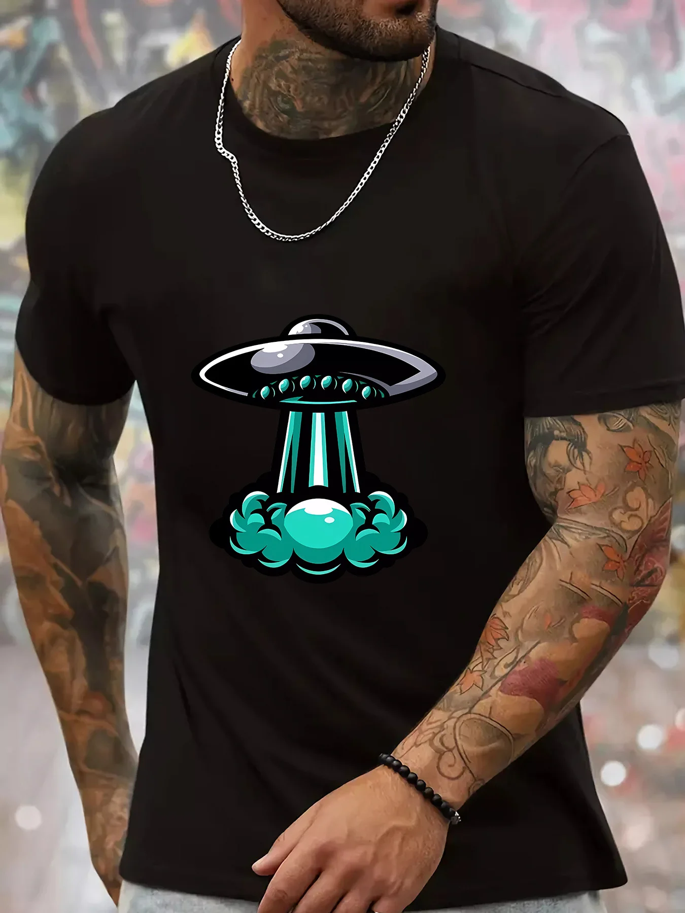 Cartoon UFO Spaceship Graphic Mens Crew Neck T Shirt Alien Flying Saucer Print Short Sleeve Casual Cotton Streetwear Daily Tee
