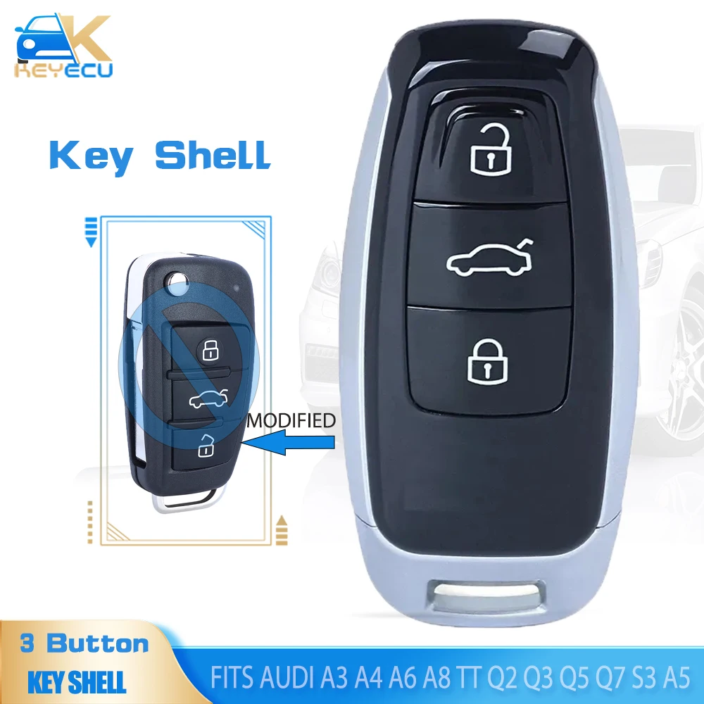 KEYECU 3 Buttons Modified Flip Remote Car Key Shell Case Fob for Audi A3 A4 A6 A8 TT Q2 Q3 Q5 Q7 S3 A5 A7 RS3