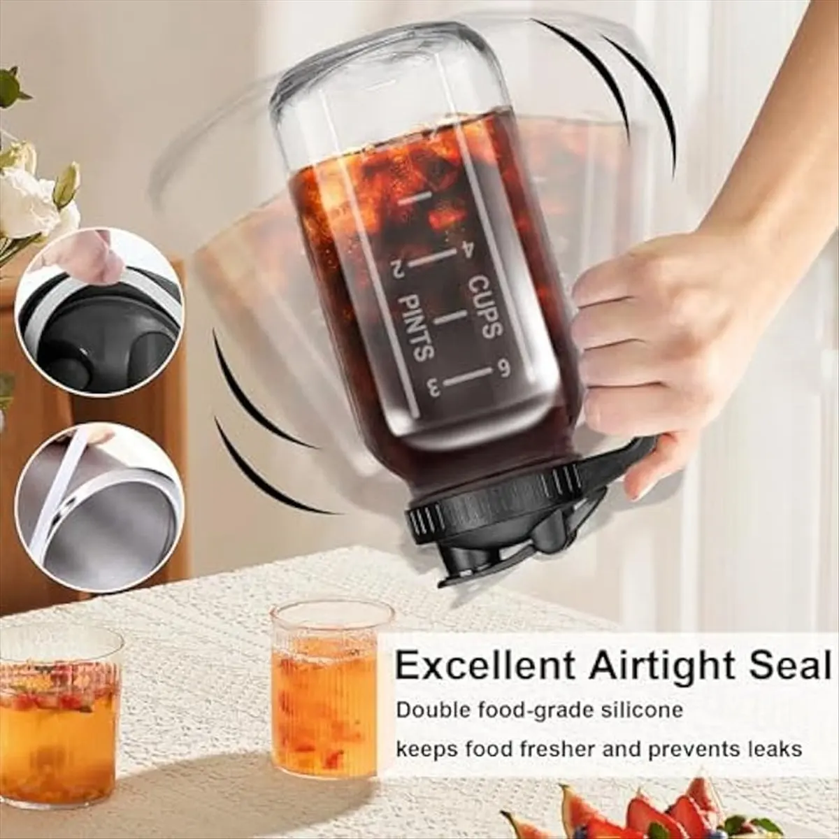 

(A64E) Glass Pitcher with Lid-2pcs Wide Mouth Mason Jar Pitcher,64OZ Leak-Proof Water,Breastmilk Pitcher with Pour Spout Lids