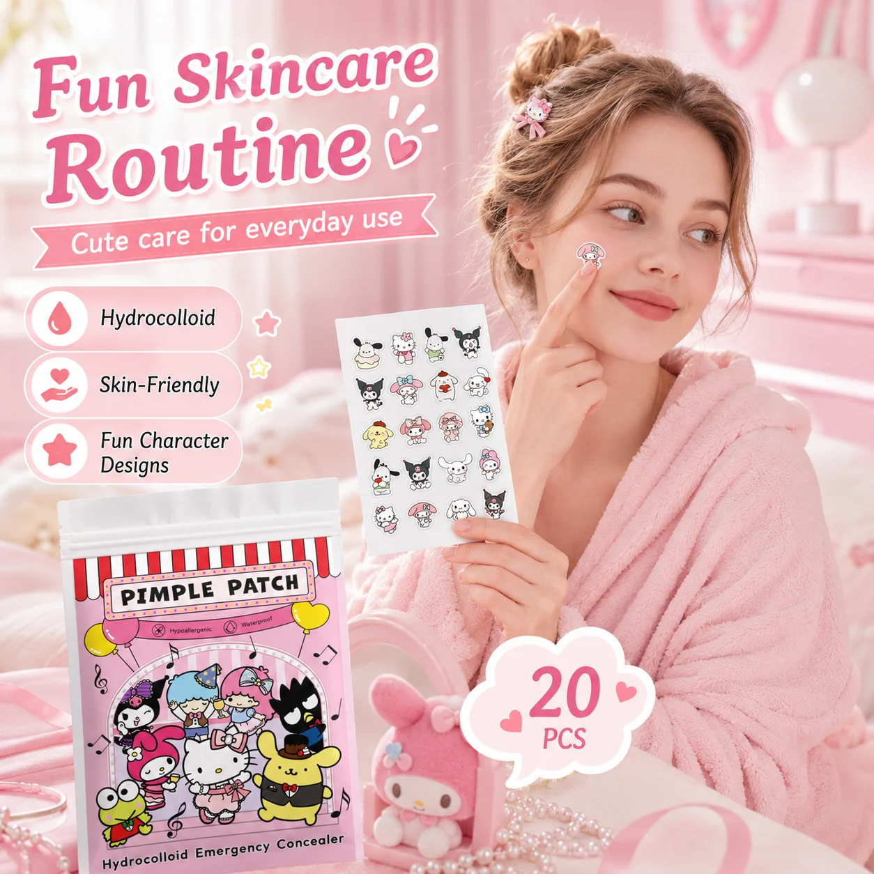 20/100pcs Hello Kitty Hydrocolloid Pimple Patch Set, Cute Cartoon Spot Stickers, Waterproof Invisible Face Care Patches view 6