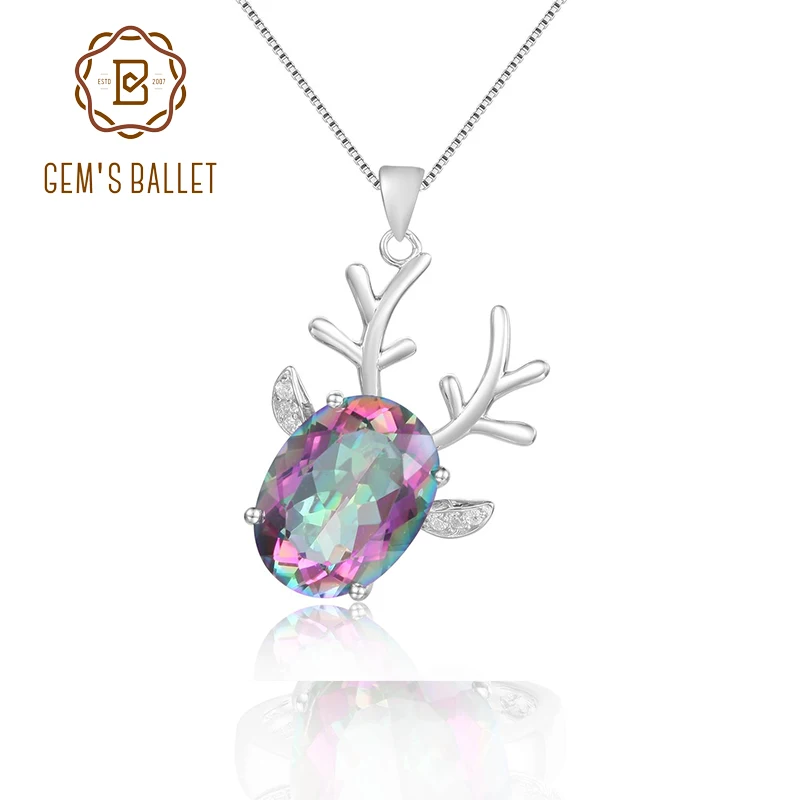 GEM'S BALLET Deer Antler Necklace 9.10Ct 10x20mm Oval Fire Mystic Topaz Gemstone Pendant Neckace in Sterling Silver Gift For Her