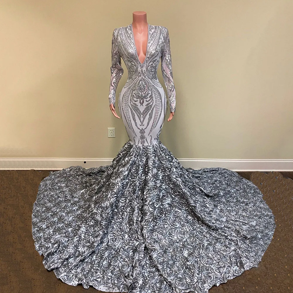 Silber Lange Prom Kleider 2023 für Schwarz Mädchen Meerjungfrau 3D Blumen V-ausschnitt Formale Anlass Kleid Graduation Party Gala Kleider