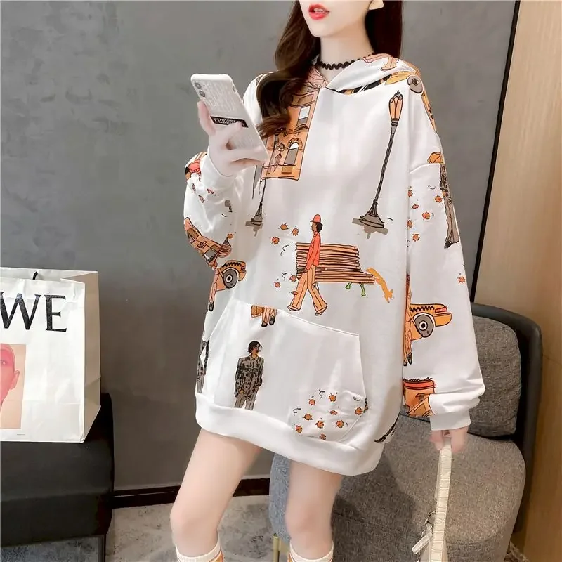 Over Hip Hoodies Women Fashion Mid-length Hooded Pullover Korean Style Loose Hooded Tops Spring Autumn Trendy Thin Hooded Coat