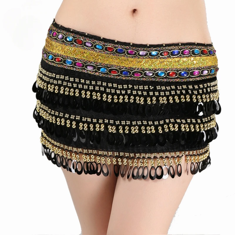 Belly Dance Belt for Women Girls Sequins Coin Tassel Hip Scarf Indain Wavy Tulle Waist Chain Belly Dance Costumes Accessories