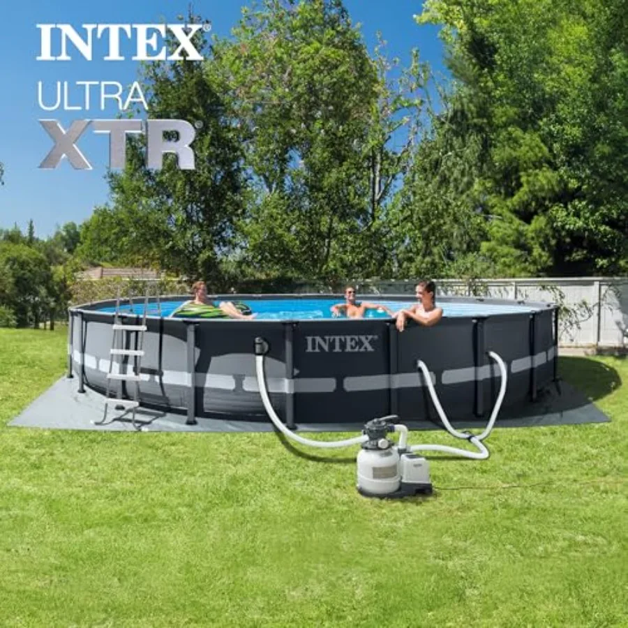 Above Ground Swimming Pool Set for backyard use, steel frame with blue finish, includes sand filter pump and deluxe automatic v