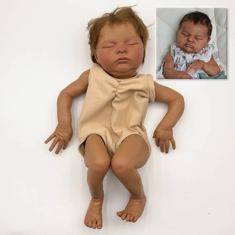 19inch Laura Dark Brown Skin Reborn Dolls Kit Painted Doll Kit Unfinished Doll Parts with Hand Rooted Hair Lifelike Doll