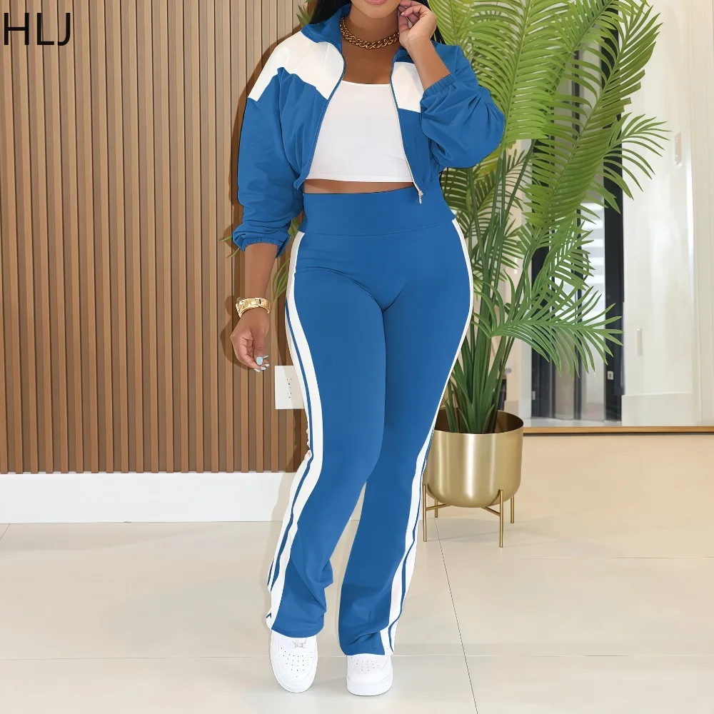 Hlj moda esportes 2 peças conjunto para mulher bloco de cor zíper mangas compridas colheita jaqueta e calças combinando feminino streetwear novo