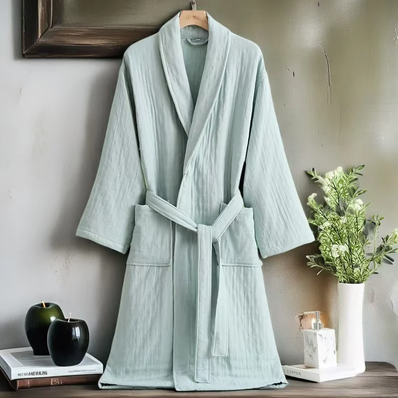 New Winter Men Bathrobes 6 Layers Quilted Flannel Long Robe Male Blue Home Warm Dressing Gown Robe