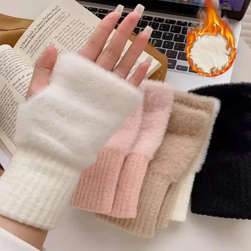 

Women's Warm Wool Half Finger Gloves Winter Plush Knit Wrist Guard Solid Mittens Finger Touchscreen Office Students Writting
