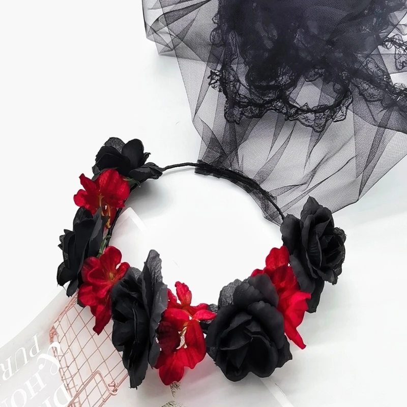 Velo largo Color negro a y aro para con forma flor, diadema para Halloween, escenario, fiesta boda, con