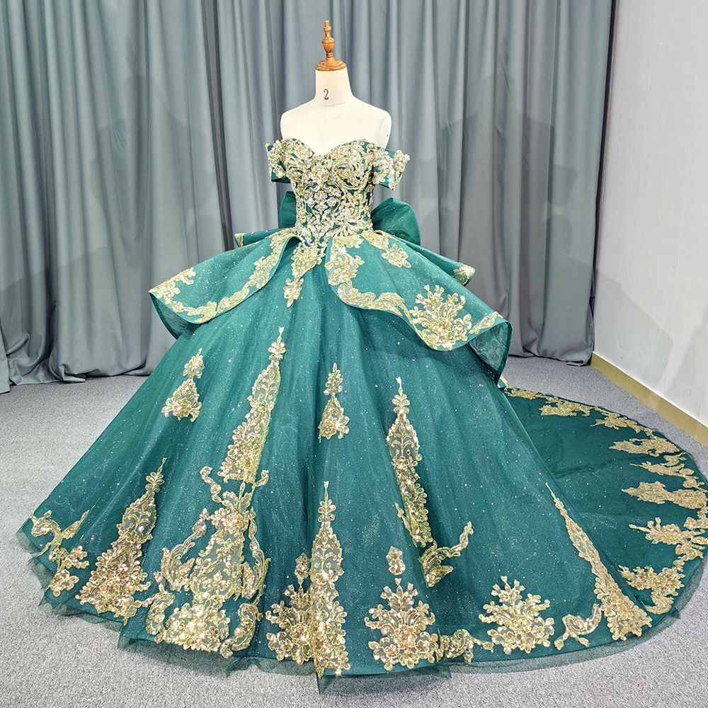 Green Sweet 15 16 Quinceanera Dresses Ball Gown Gold Lace Birthday Party Dresses 5841-1