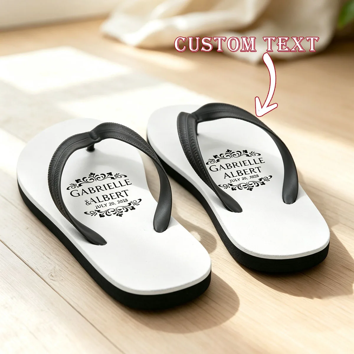 Customized fun flip flops for men and women, text flip flops, brides, weddings