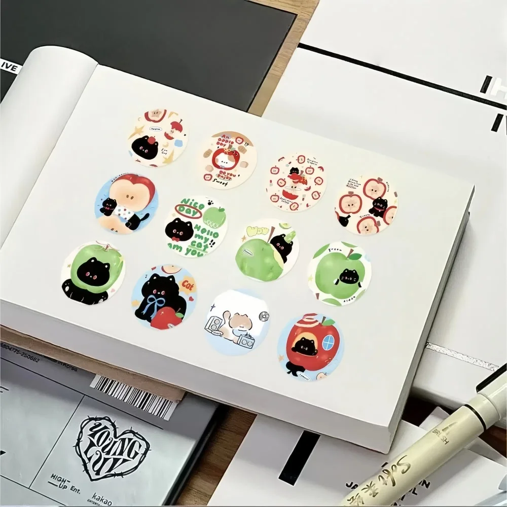 500 قطعة من لفة ملصقات القطة السوداء والتفاح كاواي - 14 أنماط لطيفة لمخطط سجل القصاصات بنفسك والهدايا لمحبي القرطاسية