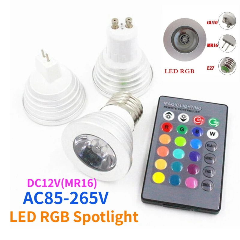 Nuevo foco LED RGB 3W E27 E14 GU10 GU5.3 MR16 con Control remoto de 24 teclas bombillas de luz regulables de Color para decoración del hogar