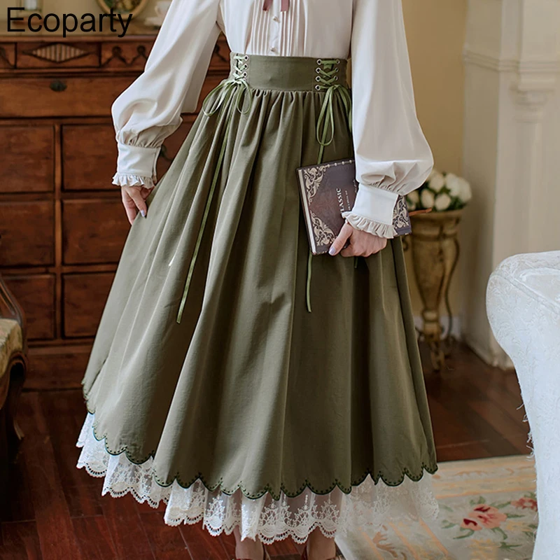 Renesansowa elegancka długa spódnica w stylu Vintage dla kobiet dwuwarstwowa z wysokim stanem, patchworkowa duża huśtawka spódnica w kształcie linii Femme sukienka Lolita — zdjęcie 5
