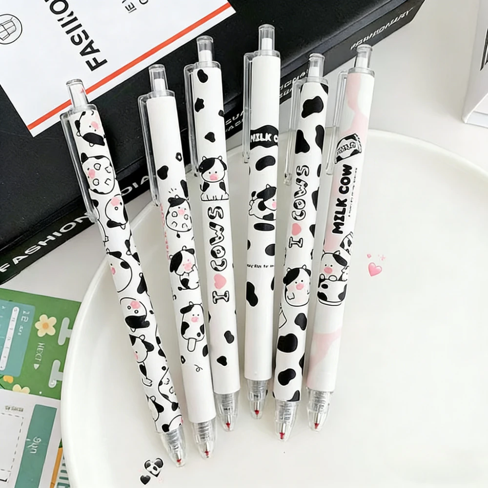 6Pcs Cute Cow Retractable Gel Pens 0.5mm Smooth Writing Cartoon Milk Cow Gel Pen Kawaii Stationery School Office Stationery