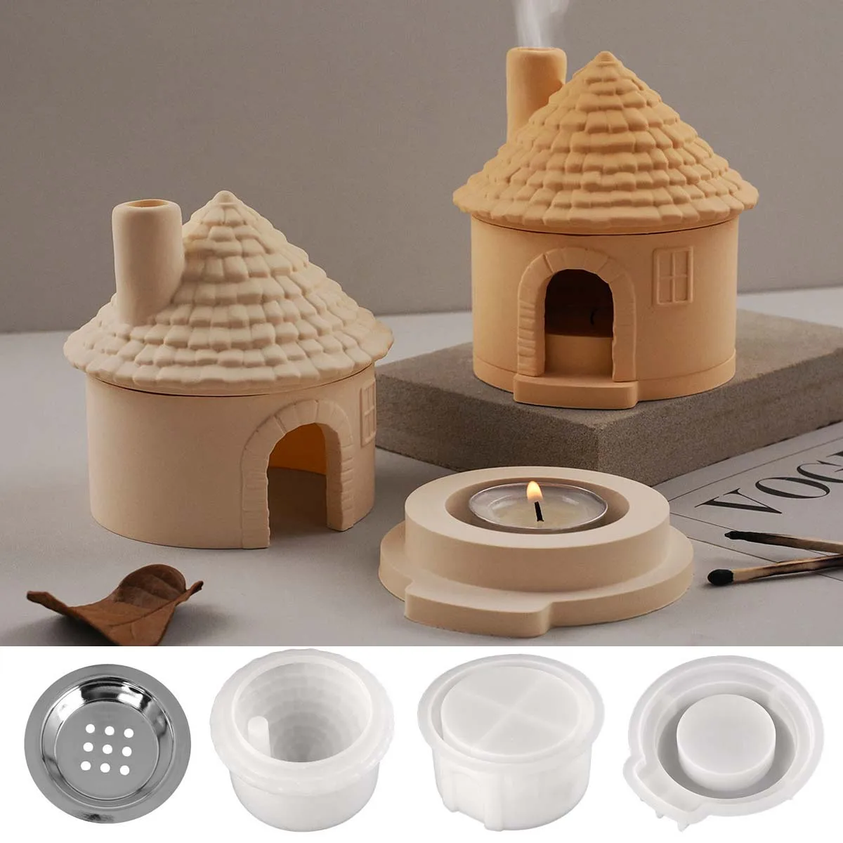 3D House Aromath Stove Mold DIY Chimney Houses Candlestick Silicone Molds Plaster Concrete Resin Incense Burner Craft Making Kit