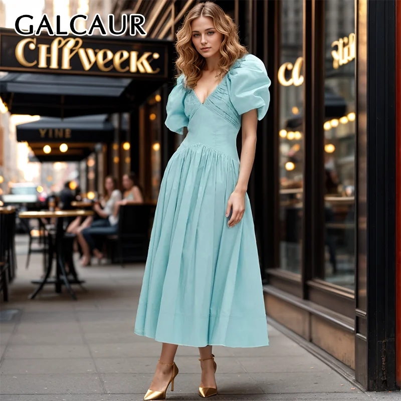 

GALCAUR Casual Dresses For Women V Neck Puff Sleeve High Waist Spliced Zipper Slim Folds A Line Summer Maxi Dress Female 2024