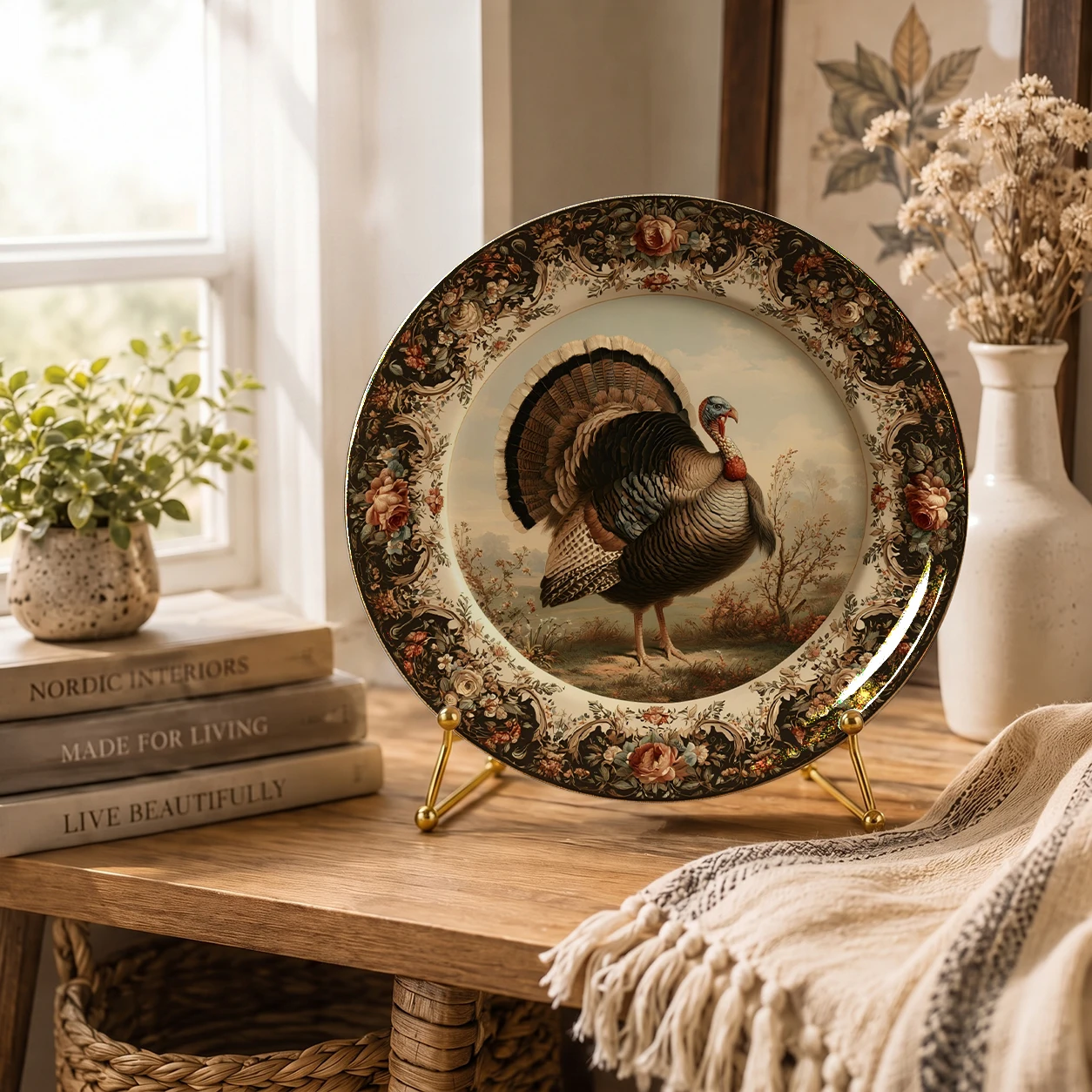 1pc Wild Turkey Decorative Ceramic Wall Plate, Round Display Plate, Vintage Wildlife Art Home Decor Gift, Shelf Decor, 8 Inch/20