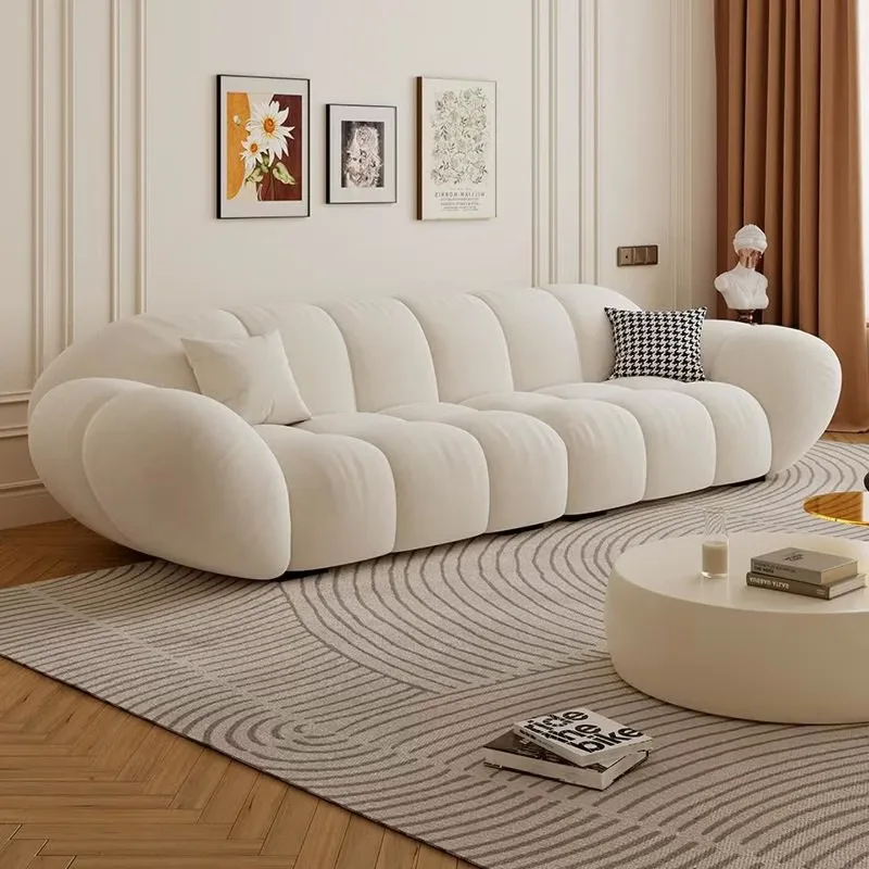 French cream wind petal cloud fabric sofa, simple living room size apartment puff cloud velvet straight row sofa