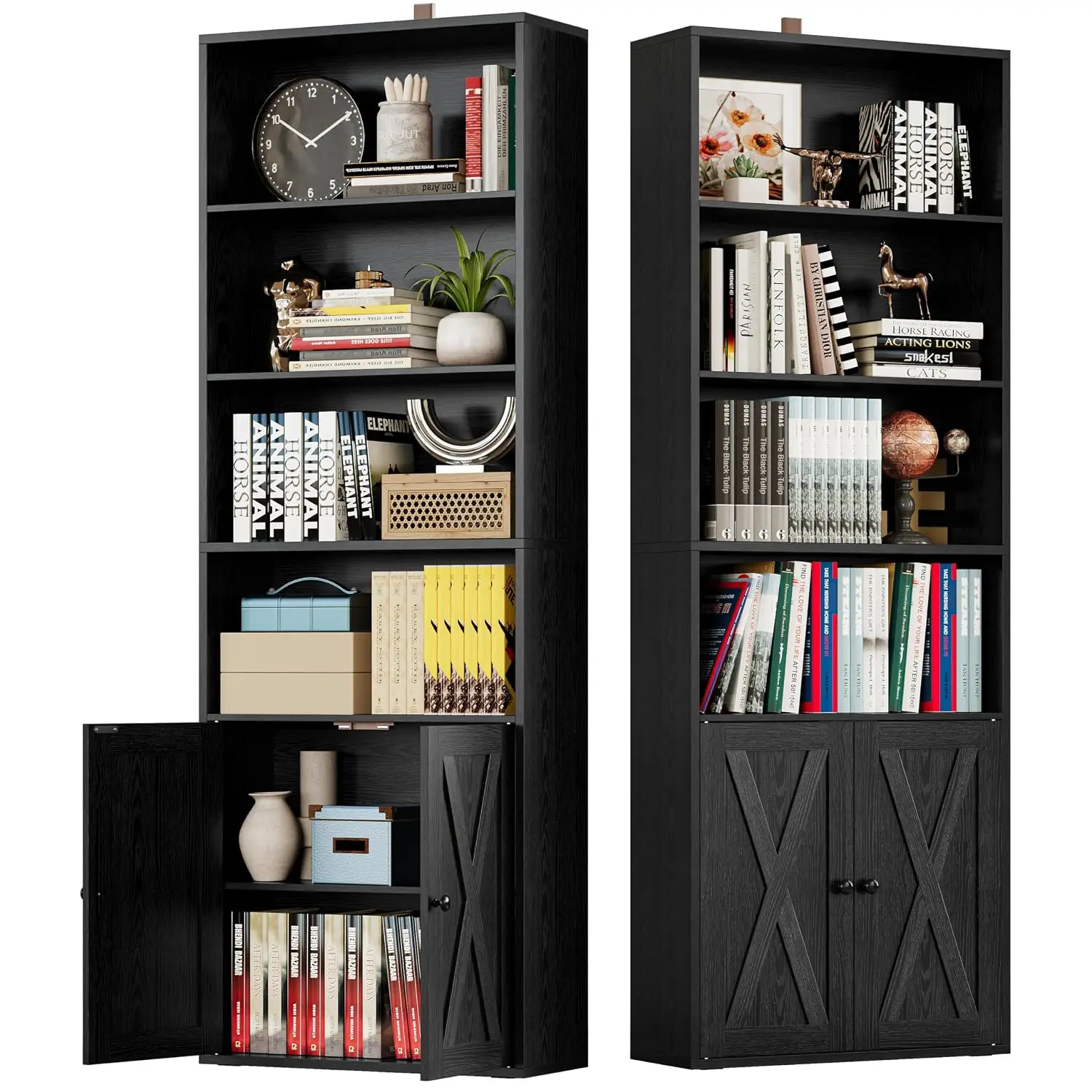 Tall Bookshelf 70in with Doors Set of 2 Vintage Black, Customized