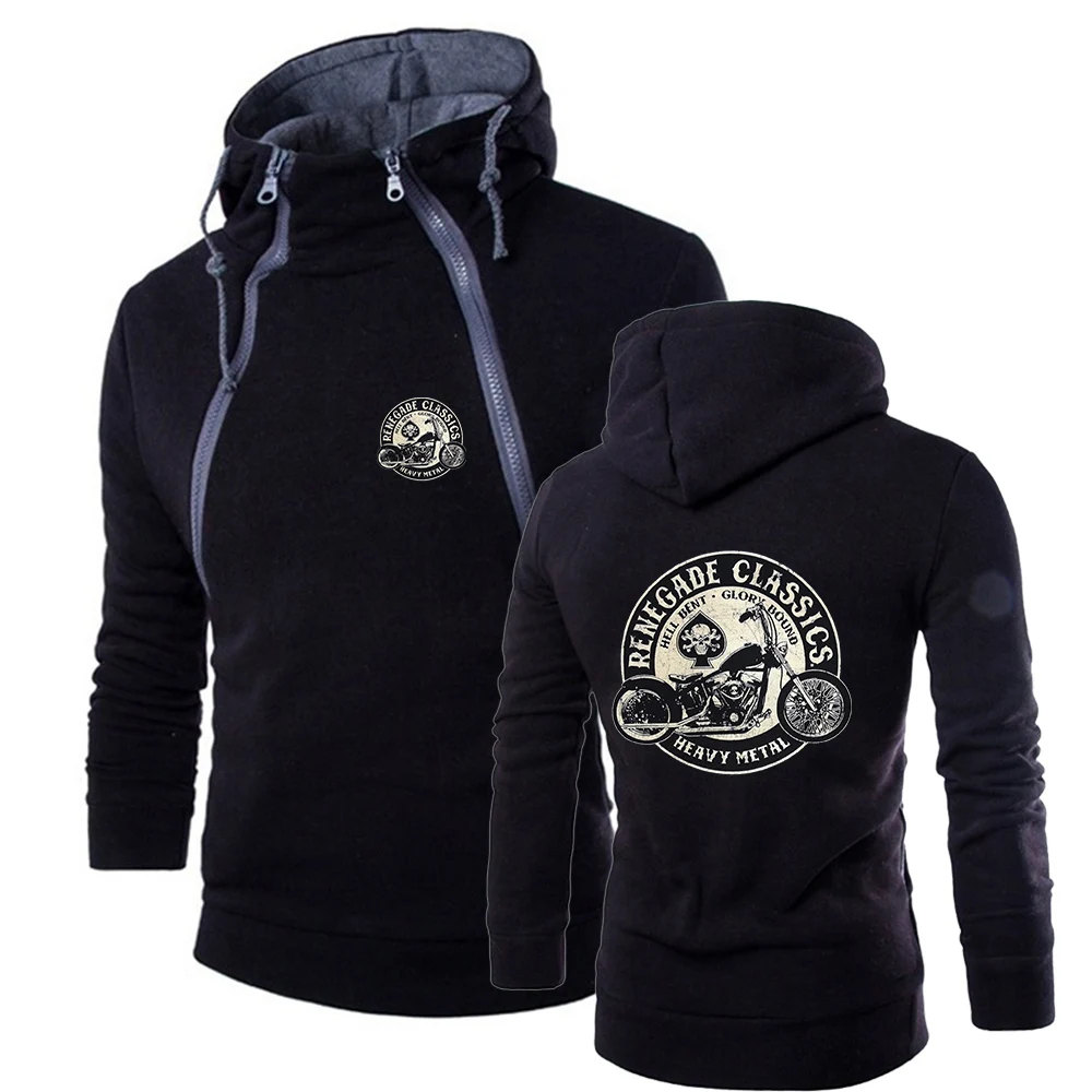 

New Autumn Vintage Glory Bounds Motorcycle USA Solid Color Fashion Double Chain Design Hooded Mens Sweatshirt Casual Long Sleeve