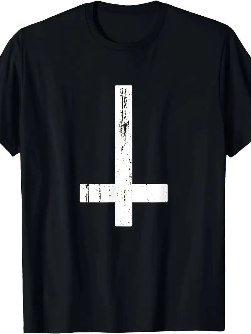 Satanic Atheism Inverted Cross T-Shirt Machine Washable Unisex Gift For Parents And Friends Black Retro Casual Tee Round Neck