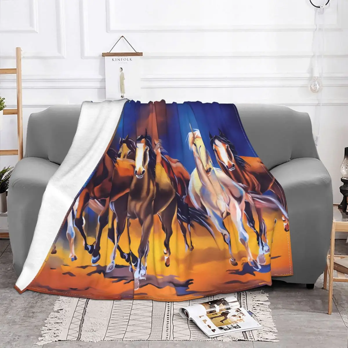 Seven Horse Oil Painting Galloping Horses Blanket Flannel All Season Super Warm Throw Blankets For Sofa Plush Thin Quilt