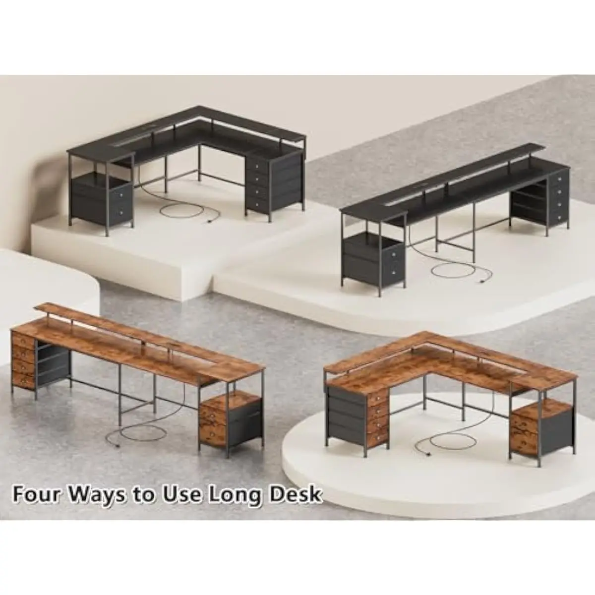 66.5 Inch Reversible L Desk with RGB LED Strip 20 Colors 22 Modes 3 AC Outlets 1 USB 1 Type-C Port 5 Fabric Drawers 1 File Cabin