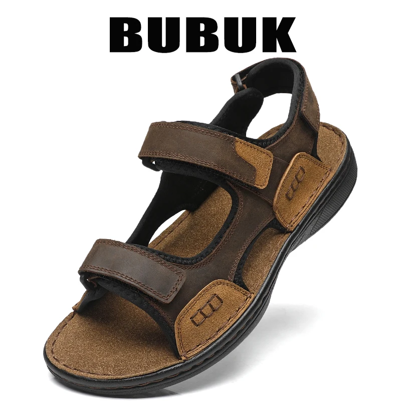 

Летние мужские сандалии Bubuk из натуральной кожи, модные уличные пляжные сандалии, регулируемые ремешки на липучке, верх из воловьей кожи первого слоя, с поддержкой свода стопы, подходят для использования в помещении и на открытом воздухе, для путешестви