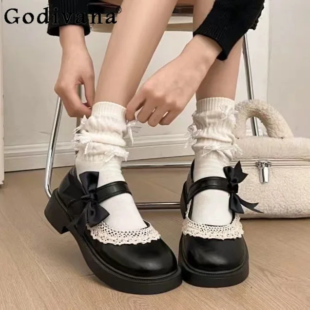 

2025 Summer New Japanese Style Lolita JK Flat Small Leather Shoes Sweet Lady Bow Thick Sole Platform Mary Jane Flats