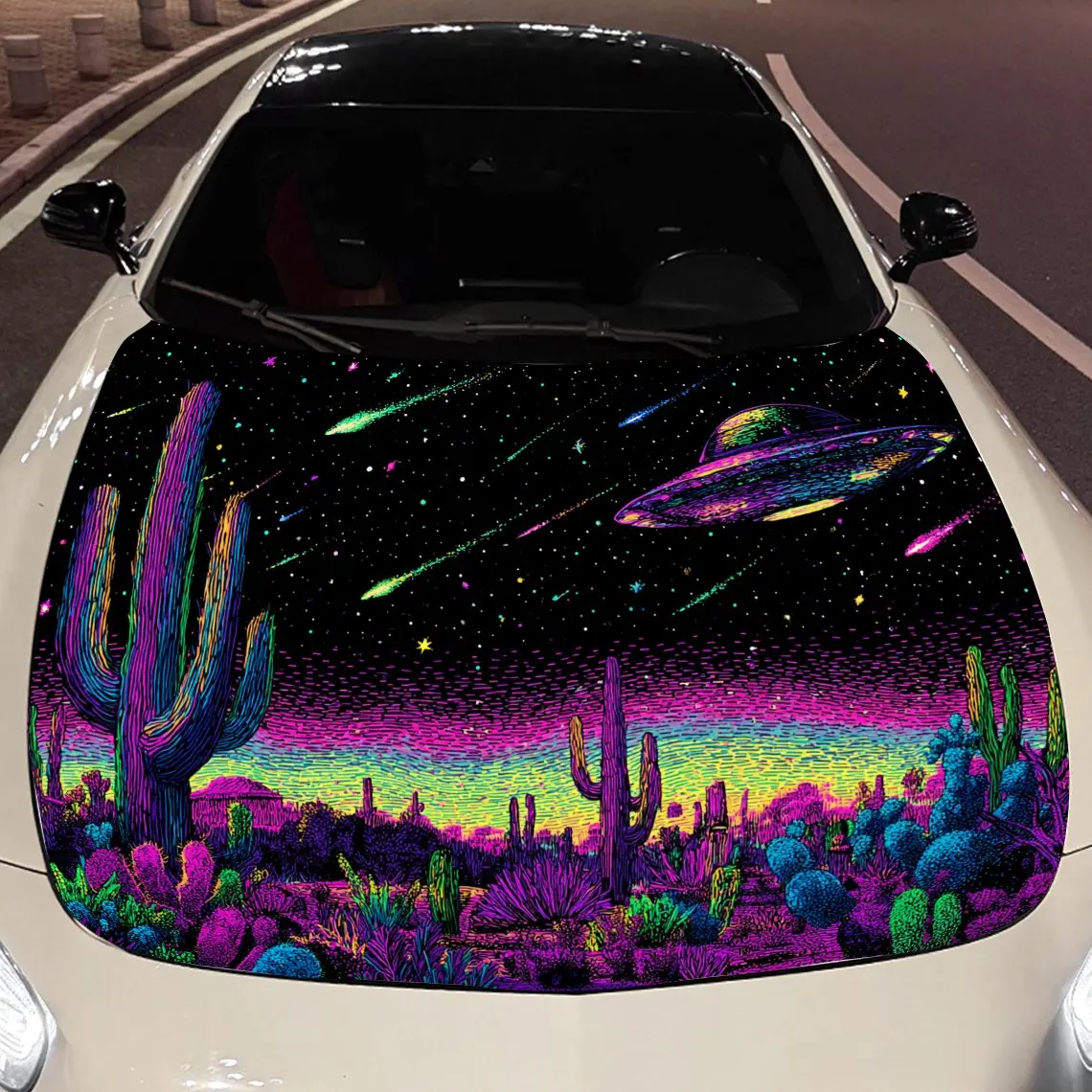 Fantasy-style UFO and cactus Car Hood Vinyl Stickers Car Surface Protection Decal Car Decoration Cover Vinyl Wraps Waterproof Se
