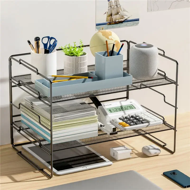 1/2 Layer Simple Bookshelf Office Desktop Storage Rack Table Multi-layer Desk Organize Metal Net Shelf Storage Box New