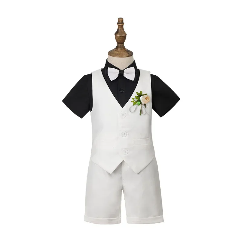 Boys Birthday Wedding Party Dress Children Summer Green Baptism Photography Suit Kids Vest Shirt Shorts Bowtie Ceremony Costume