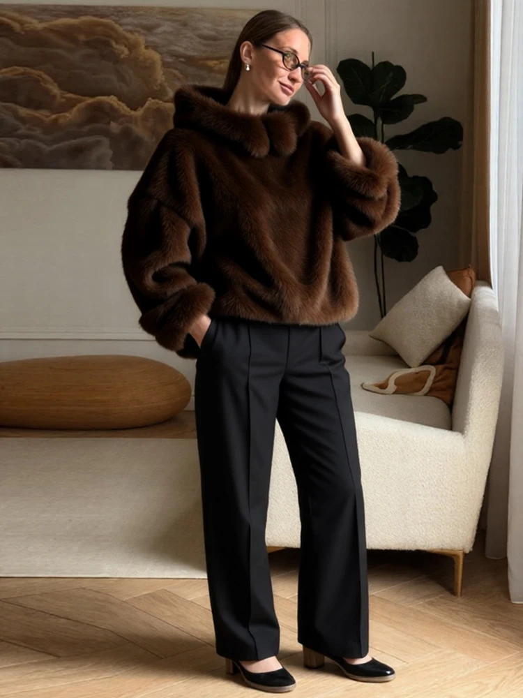 

Модный женский свитер с капюшоном, свободный крой, длинный рукав, коричневый, теплый пуловер из искусственного меха, женская одежда, осенне-зимняя верхняя одежда