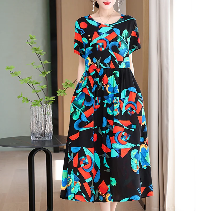 Nowa moda 2024 Letnie sukienki dla kobiet Plus Size O-neck Dress Print Vintage Krótkie proste naturalne sukienki Odzież damska