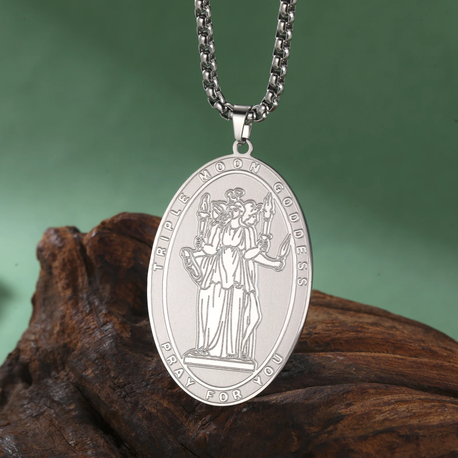 1pc Hecate Double Sided Necklace Triple Moon Goddess & Wheel Symbol Stainless Steel Pendant AmuletBox Chain Luck Protection  ﻿