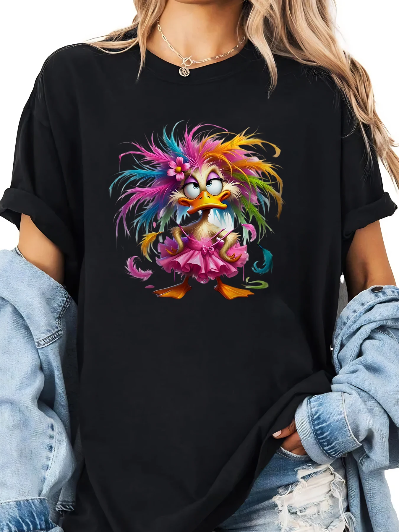 깃털 머리 장식이 있는 화려한 오리 프린트 할로윈 오버사이즈 티셔츠 여성 캐주얼 파티웨어 블랙 플러스 사이즈