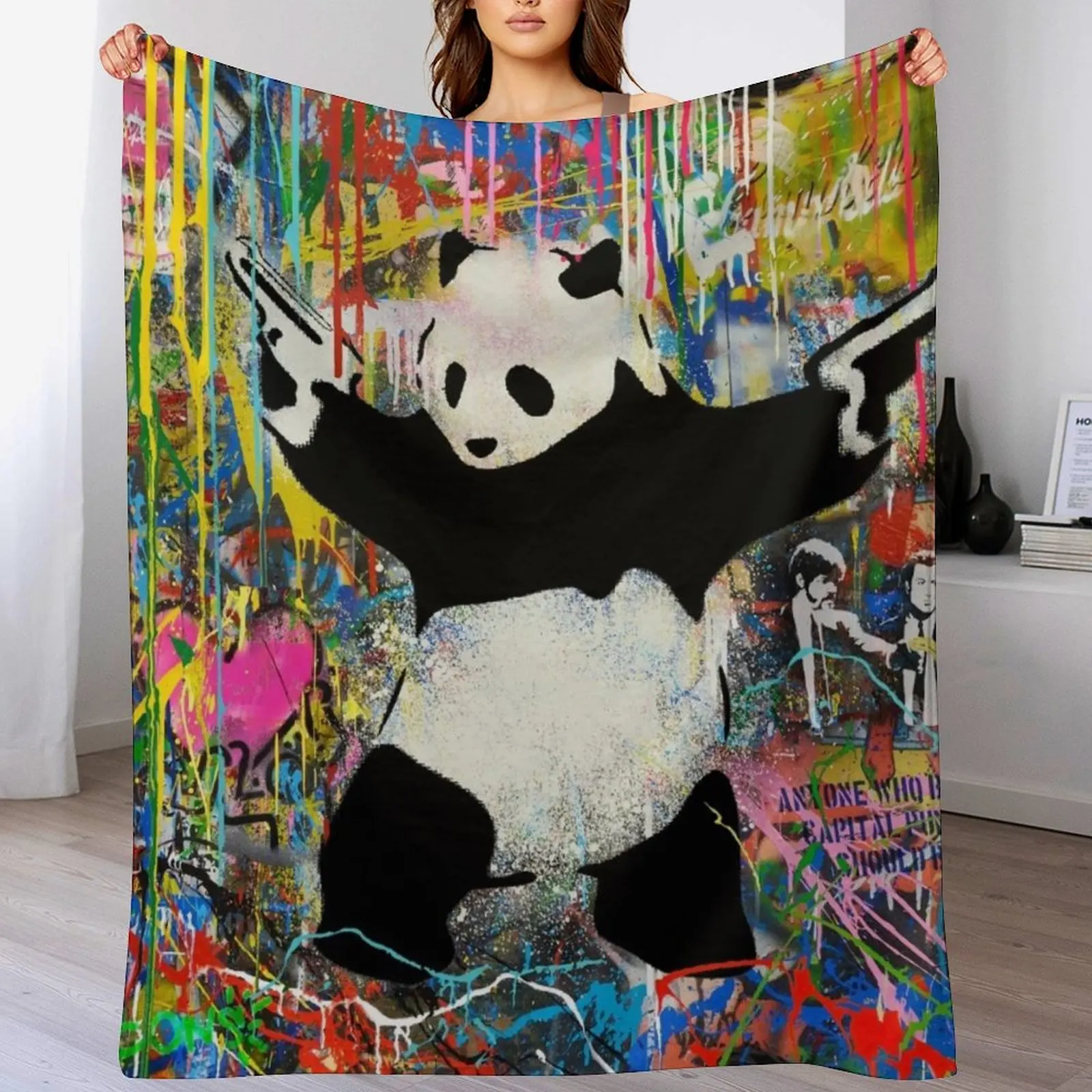 Panda With Guns Stick Em Up - Pop Street Art Banksy Throw Blanket Flannel Fleece Soft Warm Throw Blanket