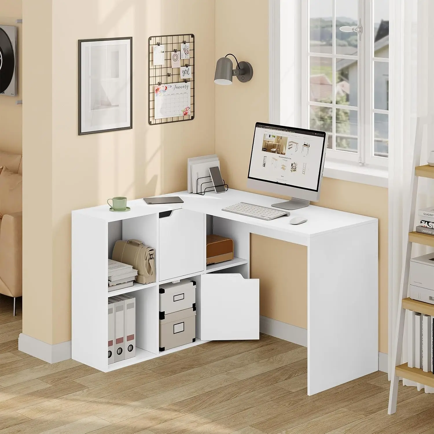 EUGAD L-förmiger Computertisch für das Büro mit Regalen und Bücherregal, 118 x 100 x 75 cm, Eckarbeits- und Schreibtisch.