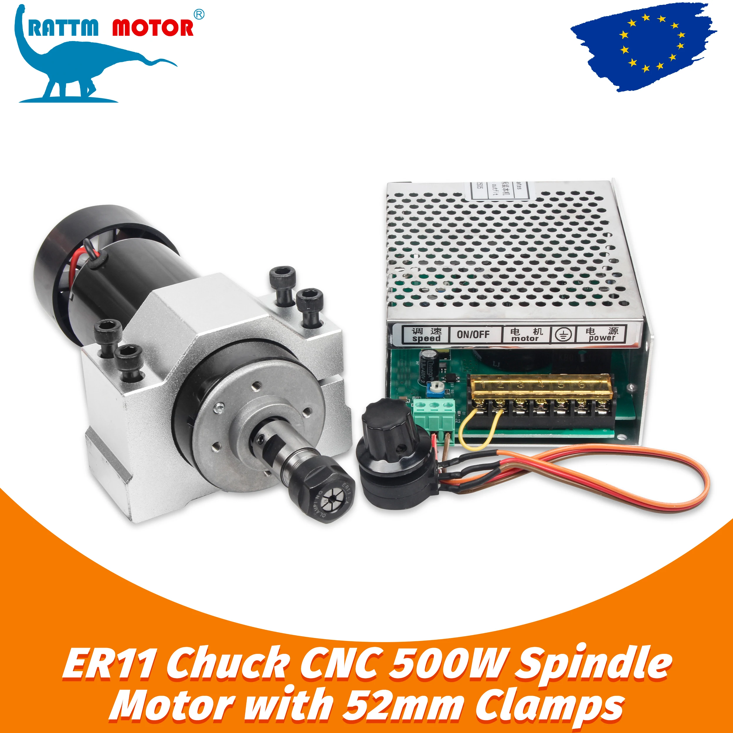 【Disponibile in magazzino】Kit motore mandrino raffreddato ad aria da 500 W, modello ER11, comprensivo di alimentatore da 500 W e regolatore di velocità, dotato di morsetto in alluminio con diametro di
