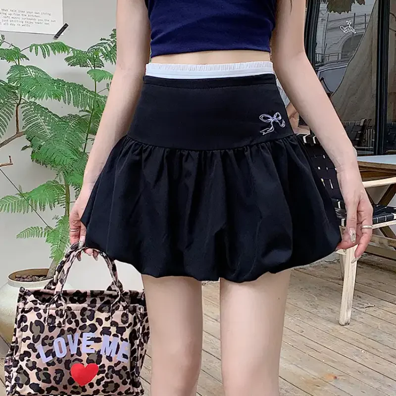 Women's High Waist Bow Embroidery Bubble Mini Skirt Casual A-Line Balloon Skirt