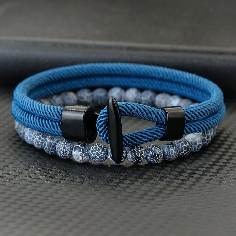Fashion 2Pcs/Set Anchor Beaded Bracelet Men Hadnmade Bilayer String 6mm Stone Beads Braslet Outdoor Camping Casual Homme Jewelry - view 2