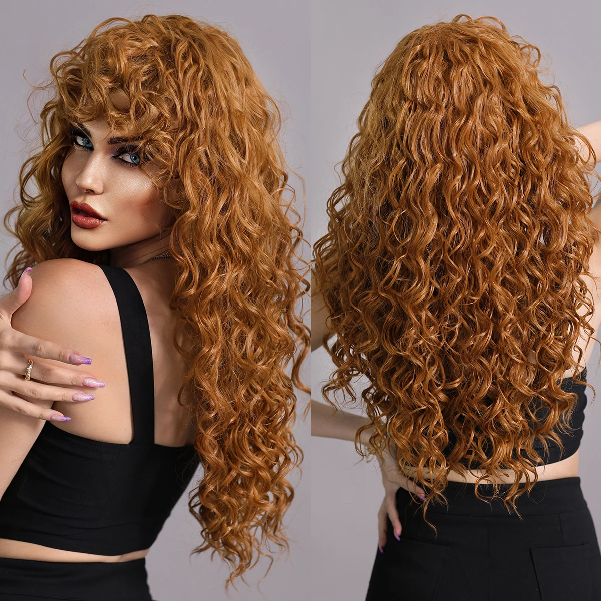 7JHH WIGS Long Curly Hair Wig with Bangs Blonde Wig for Black Women Natural Synthetic Wigs Cosplay Party Heat Resistant Hair