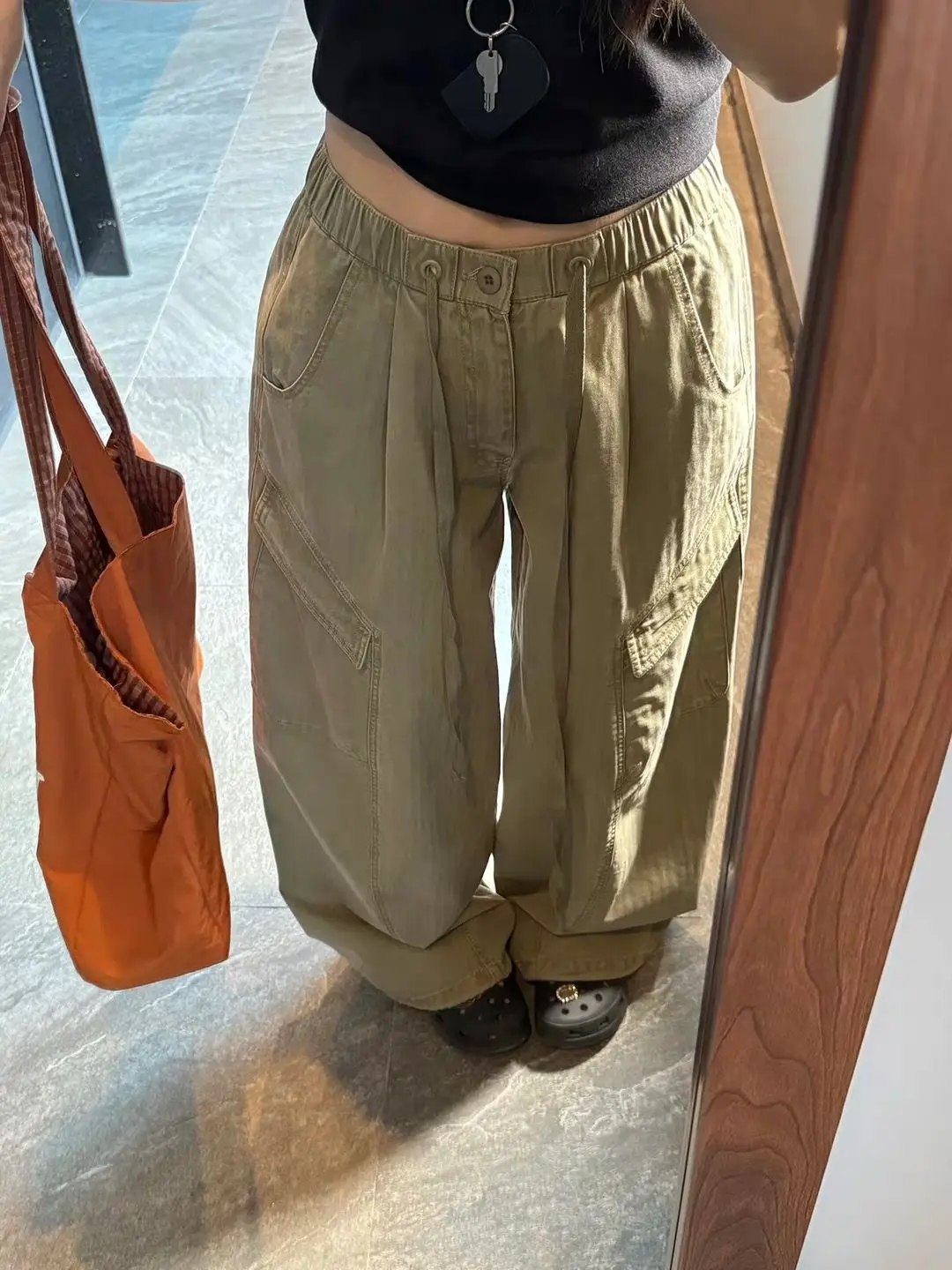 Drawstring Elastic High Waist Cargo Wide Leg Pants Women Retro Loose Multi Pocket Streetwear Trousers