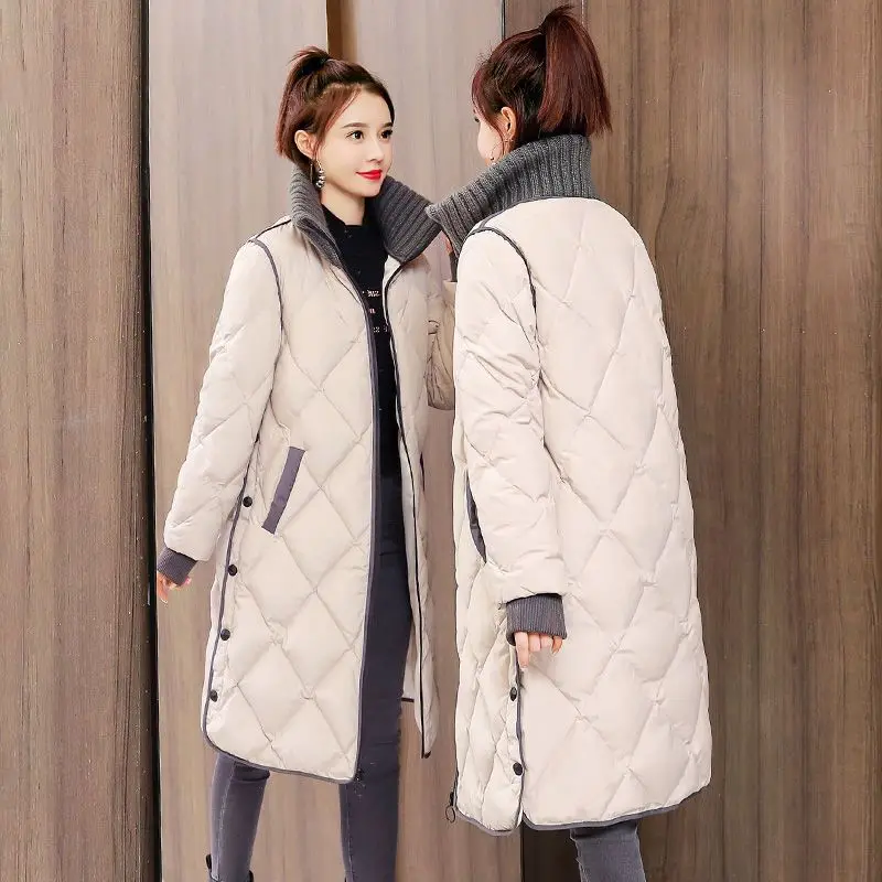 Quilted Splicing Long Cotton Coats for Women  Down Jackets Zip-up Parkas Woman Cold High Quality Lined Discount Thick Hot Padded