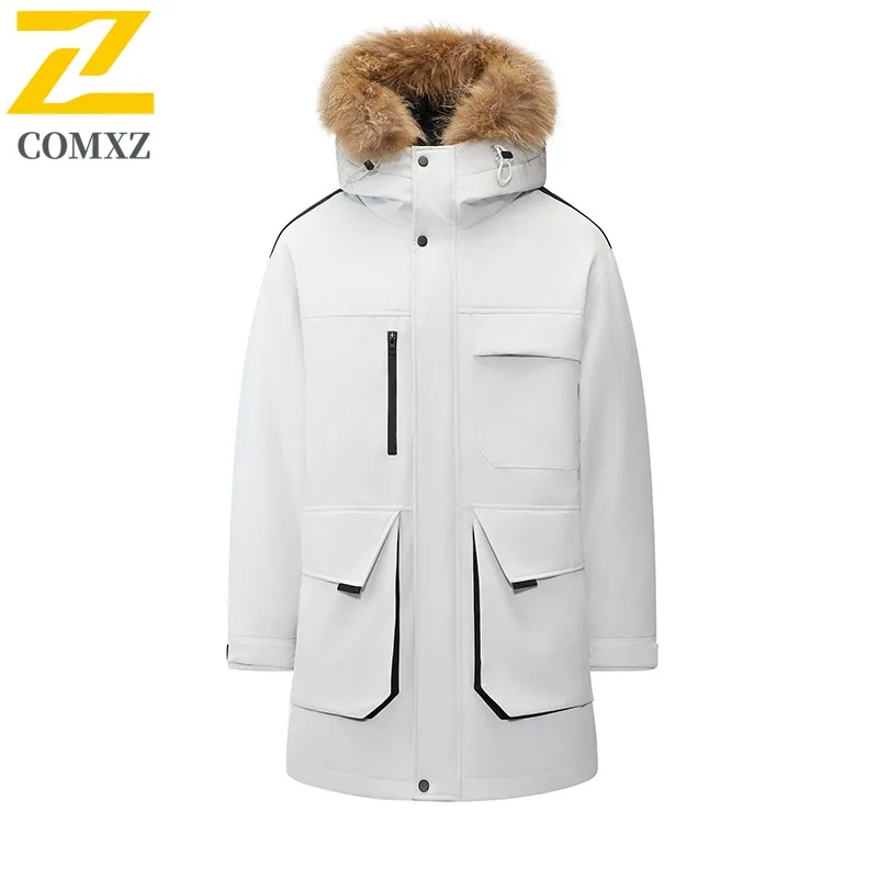COMXZ Piumino da uomo Nuovo collo in pelliccia Cappuccio da neve Addensare Piumino caldo 90 per cento Piumino d'anatra bianco Giacca a vento autunnale antivento