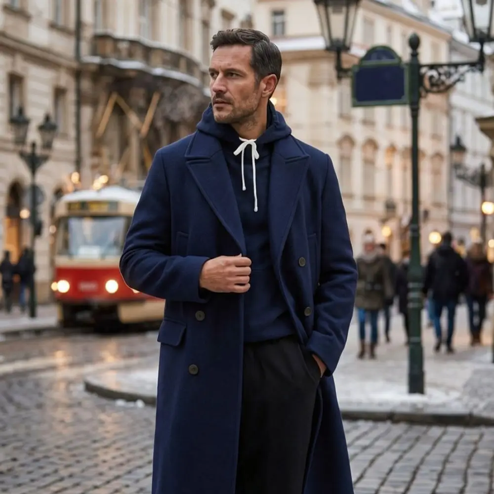 Mens Winter Trench Coat Wool Blend Mid Length Jacket Double Breasted Lapel Business Casual Slim Fit Warm Overcoat