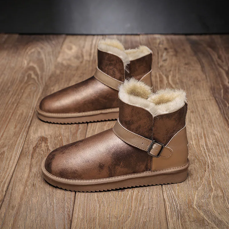 Men's Plus Size 37-48 Australia Snow Boots Winter Waterproof Sheepskin Leather Natural Fur Wool Lined Ankle Warm Shoes Black view 4